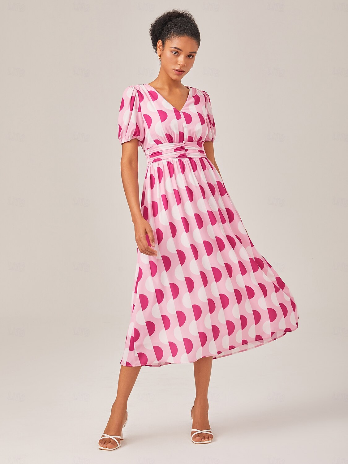 Pink Polka Dot Geometric Print Cinched Waist Dress