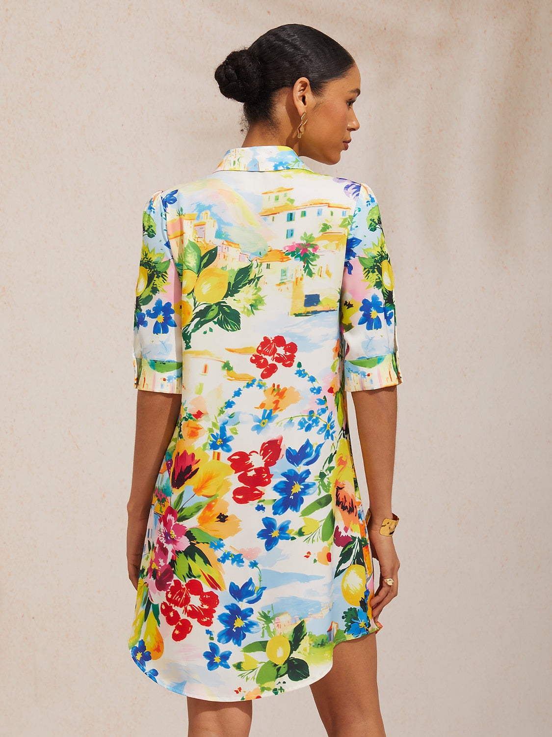 Vacation Scenic Floral Print Straight Satin Shirt Dress