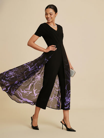 Paneled Design Faux Flowy Sheer Stretch Fabric Jumpsuit