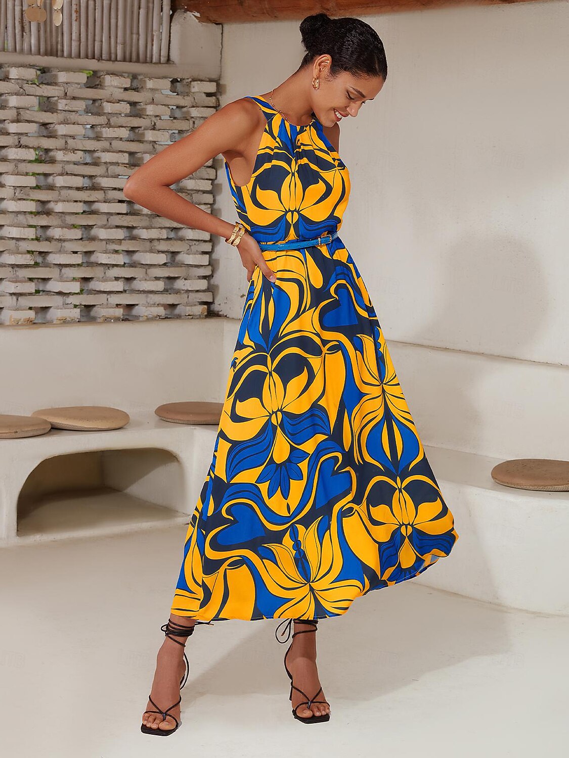 Sleeveless Satin Floral Print Belted High Neck Dres