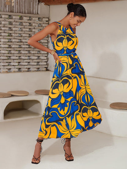 Sleeveless Satin Floral Print Belted High Neck Dres