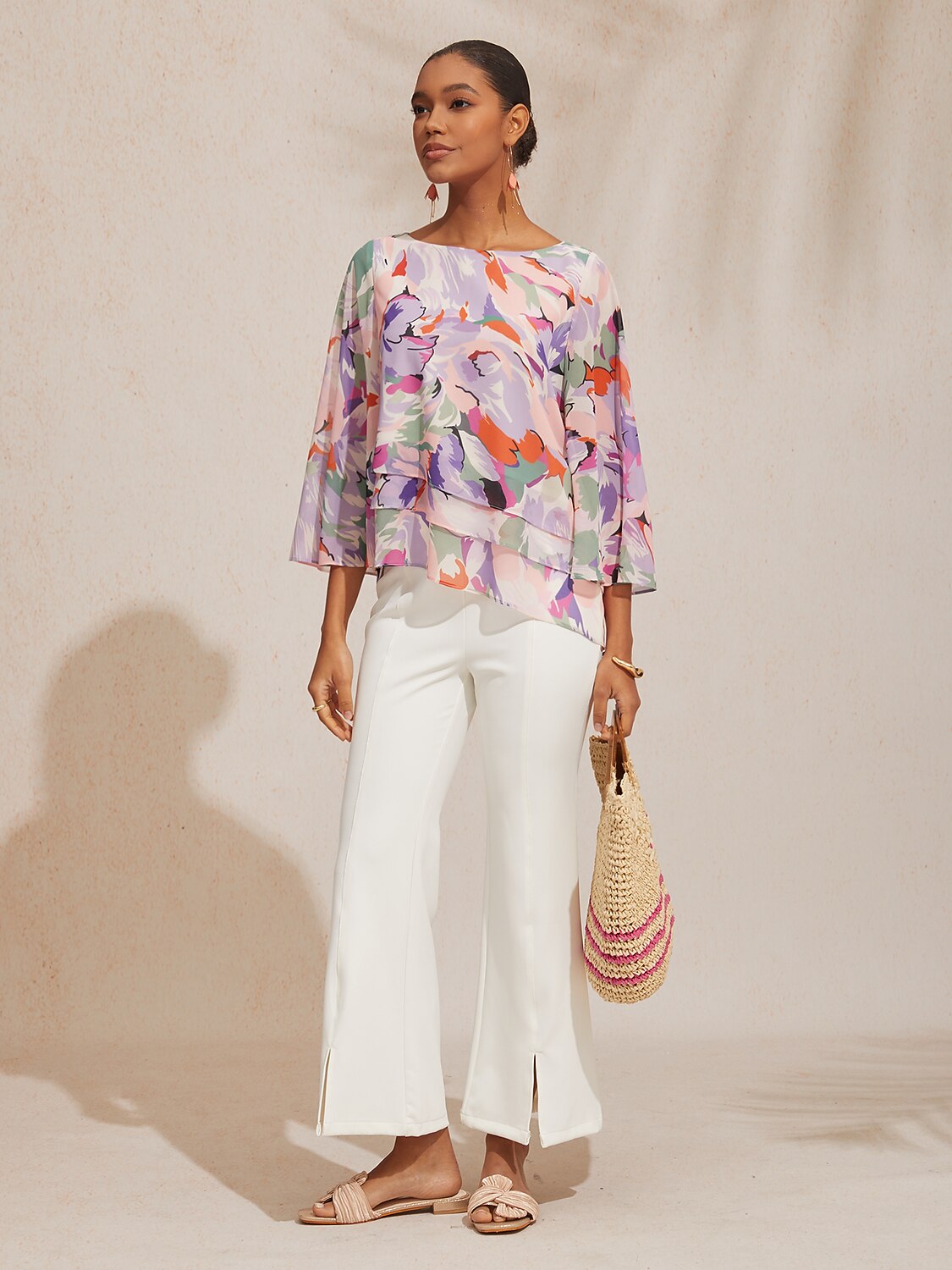Vacation Abstract Floral Print Layered Design Chiffon Blouse