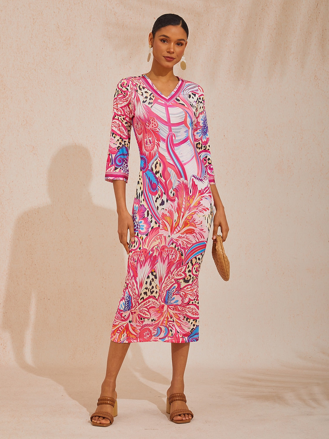 Abstract Leopard Paisley Print High Stretch Knit Maxi Dress