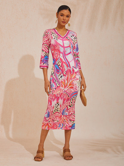 Abstract Leopard Paisley Print High Stretch Knit Maxi Dress