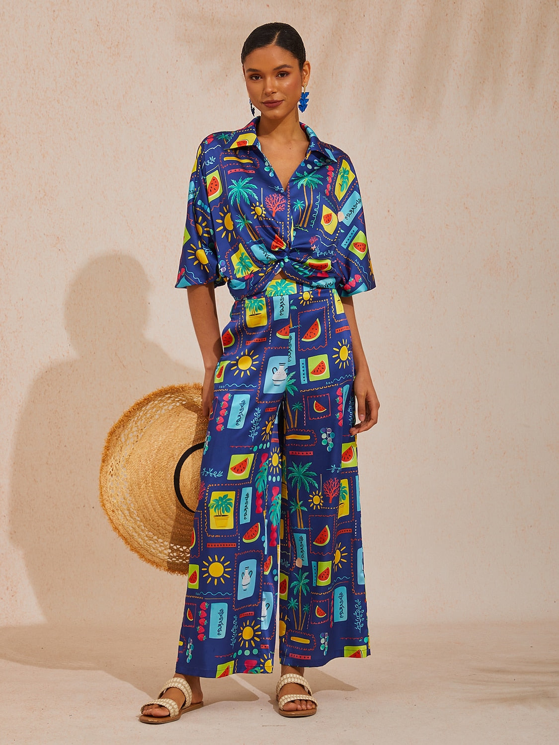 Vacation Geometric Tropical Print Dolman Sleeve Satin Short Shirt