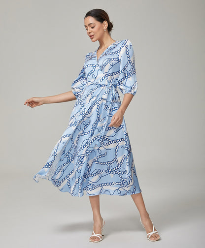 Chain Block Pattern Cross Tie Satin Maxi Dress