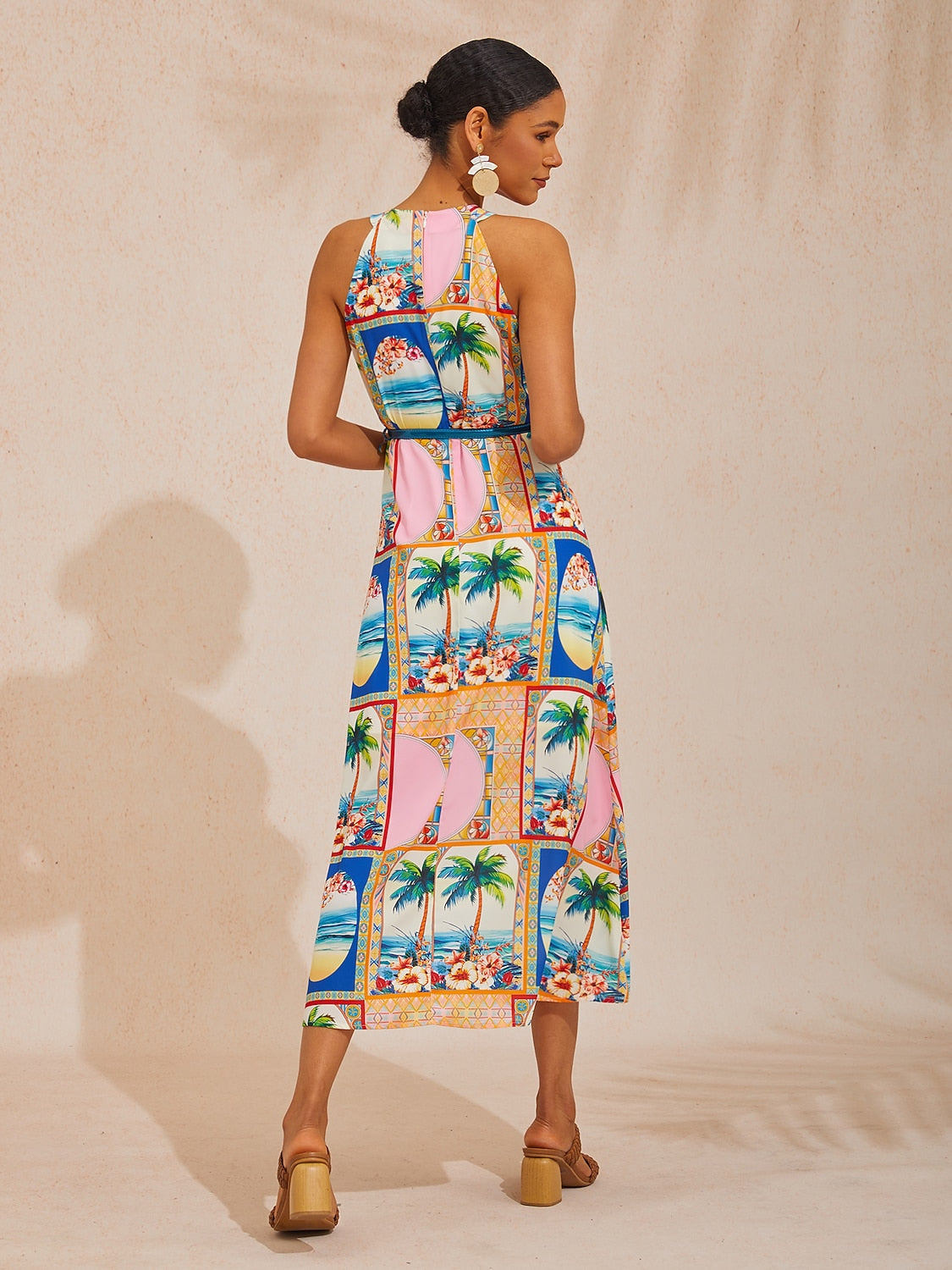 Vacation Geometric Floral Print Waist-cinching Sleeveless Satin Maxi Dress