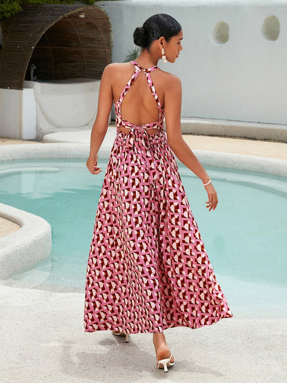 Dress Maxi Rayon Geometric Print Lace Trim