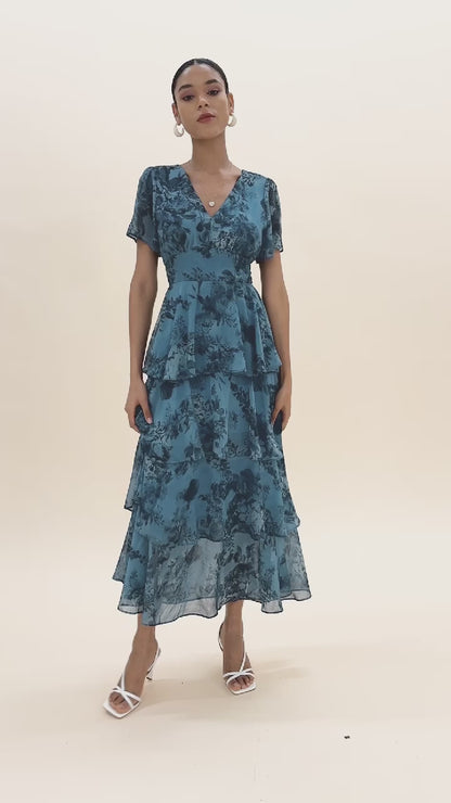 Chiffon Floral Print A-Line Tiered Ruffle Cake Maxi Dress