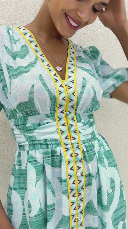 Abstract Print Puff Sleeves V-Neck Maxi Dress