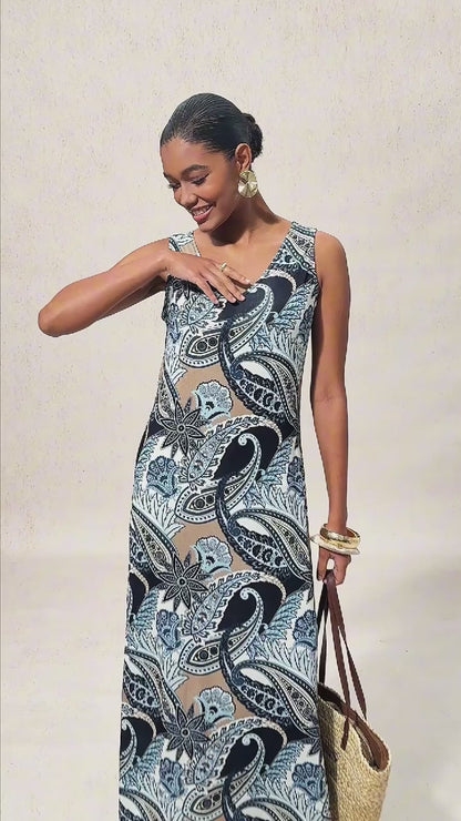 Vacation Vintage Paisley Fitted High Stretch Knit Maxi Dress
