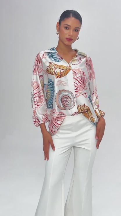 Shell Print Relaxed Fit Overhead V-Neck Blouse