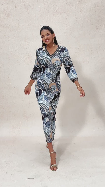 Knit Stretch Fitted Paisley Print Maxi Dress Vacation