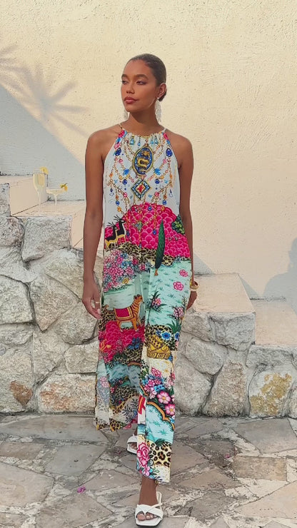 Vacation Vintage Patchwork Motif Sleeveless Drawstring Satin Maxi Dress