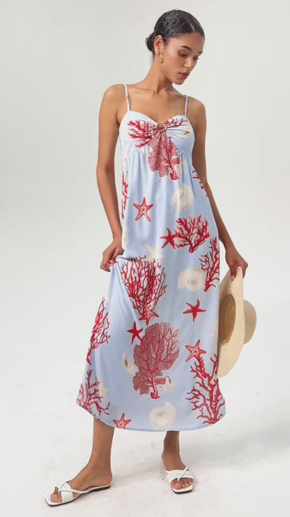 Chiffon Red Ocean-Themed Cami Maxi Dress