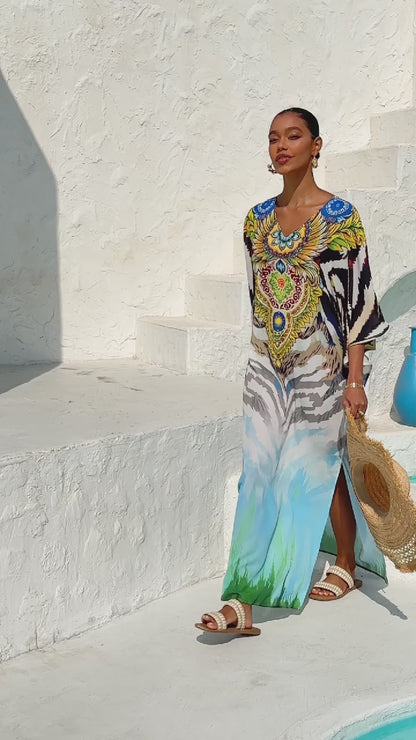 Vacation Gradient Leopard Motif Batwing Sleeve Slit Chiffon Maxi Dress