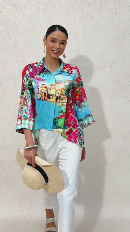 Mallorca Blossom Silky Satin Dolman Sleeve Top