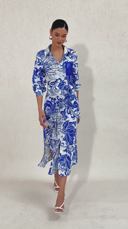 Vacation Blue Floral Straight Linen-Like Shirt Dress