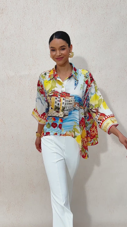 Vacation Scenic Floral Print Dolman Sleeve Chiffon Short Shirt