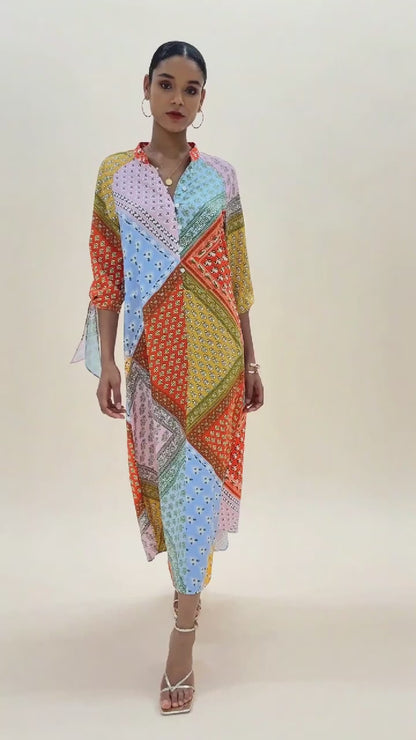 Colorful Scarf Print Tie Shirt Maxi Dress