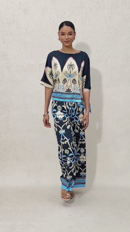 Summer Night Palm Silky Satin Dolman Sleeve Top