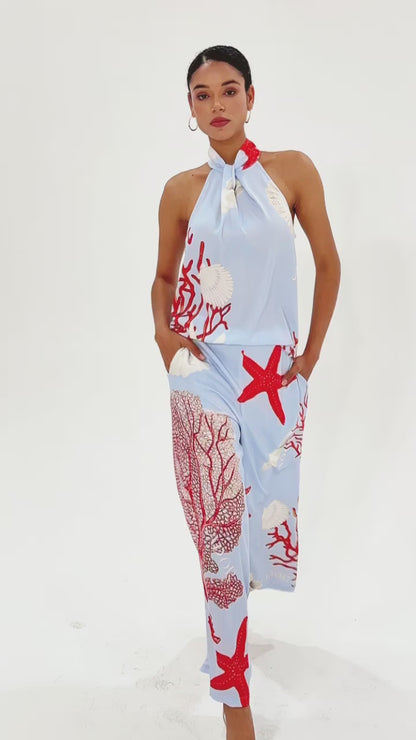 Satin Ocean-Inspired Pattern Print Vacation-Style Set