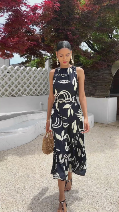 Satin Leaves Print Sleeveless Maxi Dress (No Belt)