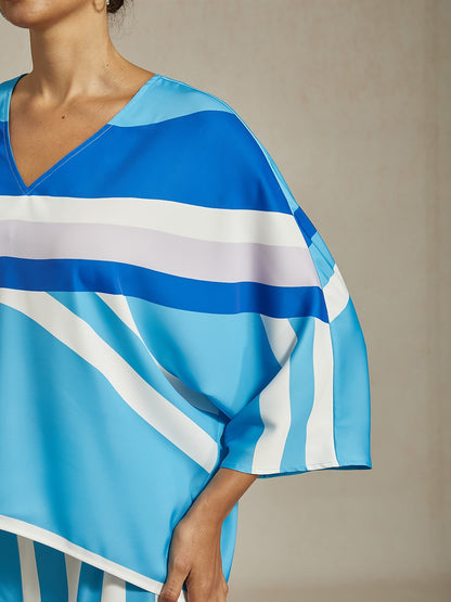 Satin Geometric Pattern Print Poncho Blouse
