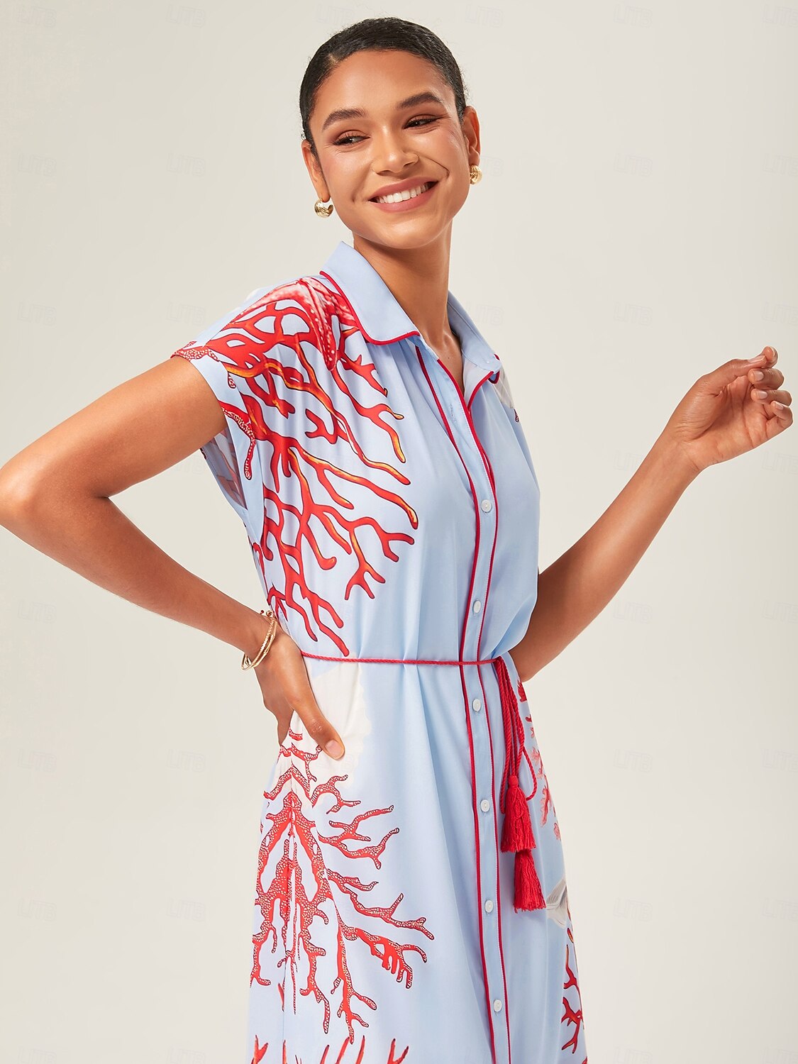 Loose Color-Block Coral Shirt Dress