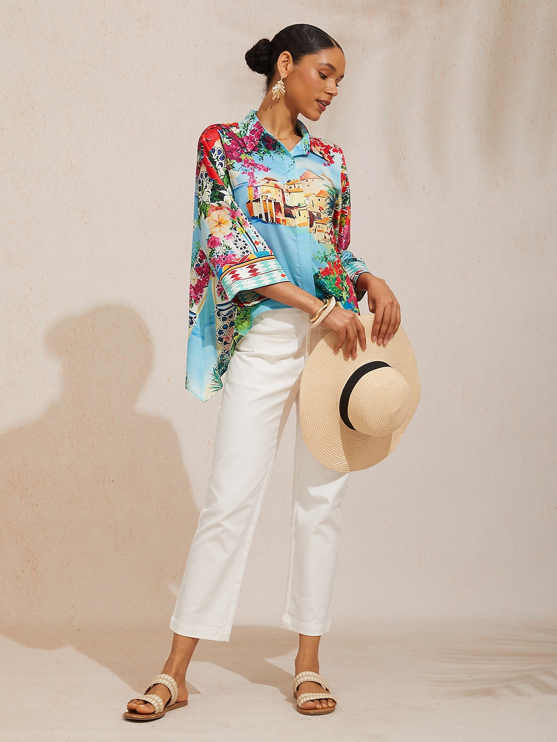 Mallorca Blossom Silky Satin Dolman Sleeve Top