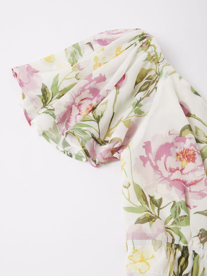 Elegant Floral Print Chiffon Flowy V-Neck Backless Maxi Dress