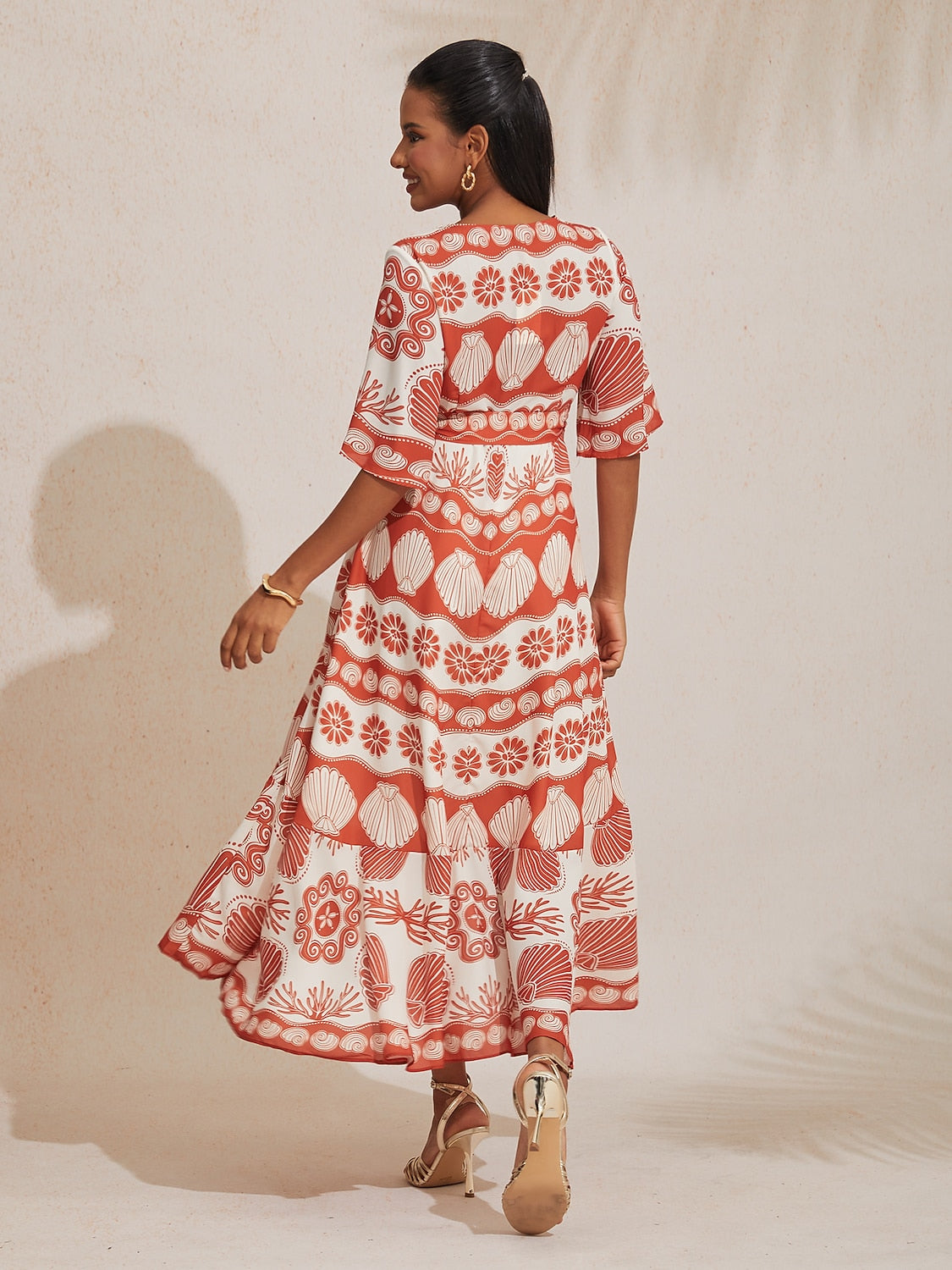 Ocean Elements Print Vacation Style Satin V-Neck Dress