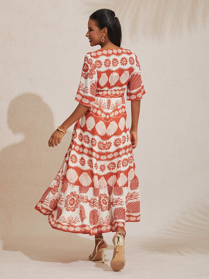 Ocean Elements Print Vacation Style Satin V-Neck Dress