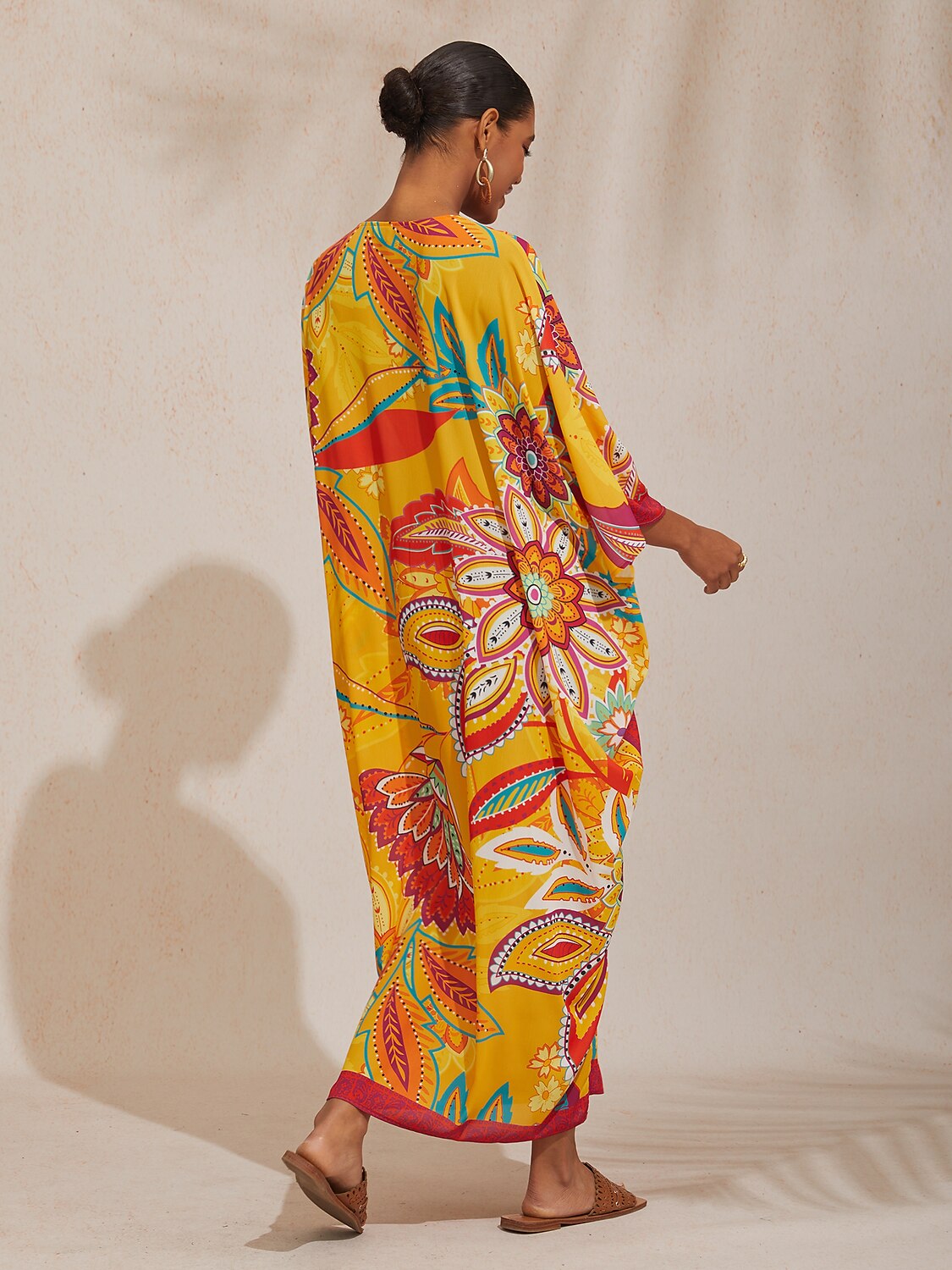 Vacation Yellow Paisley Floral Dolman Sleeves Chiffon Maxi Dress