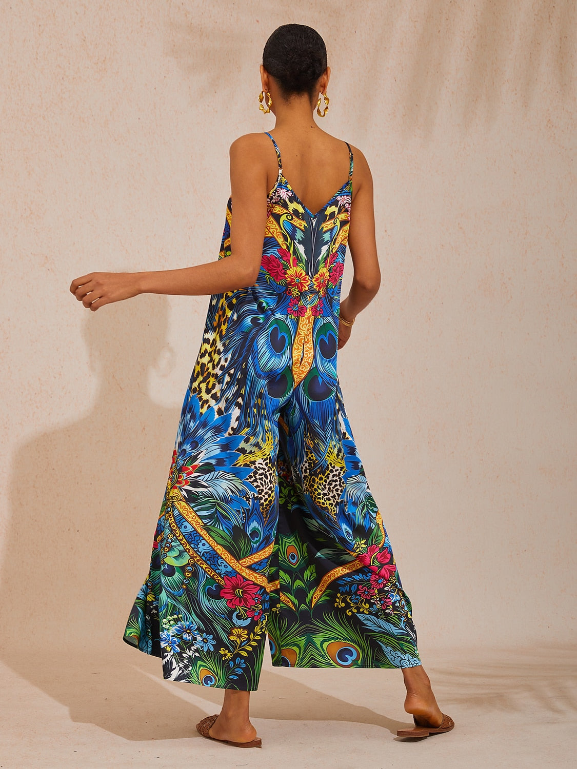 Vacation Jungle Feather Print Satin Cami Jumpsuit