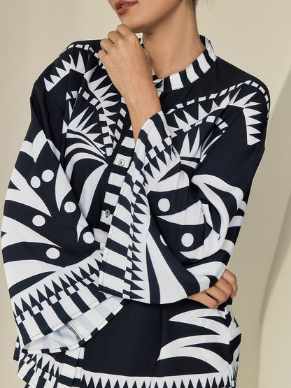 Blouse Black Satin Geometric Print Flare Cuff