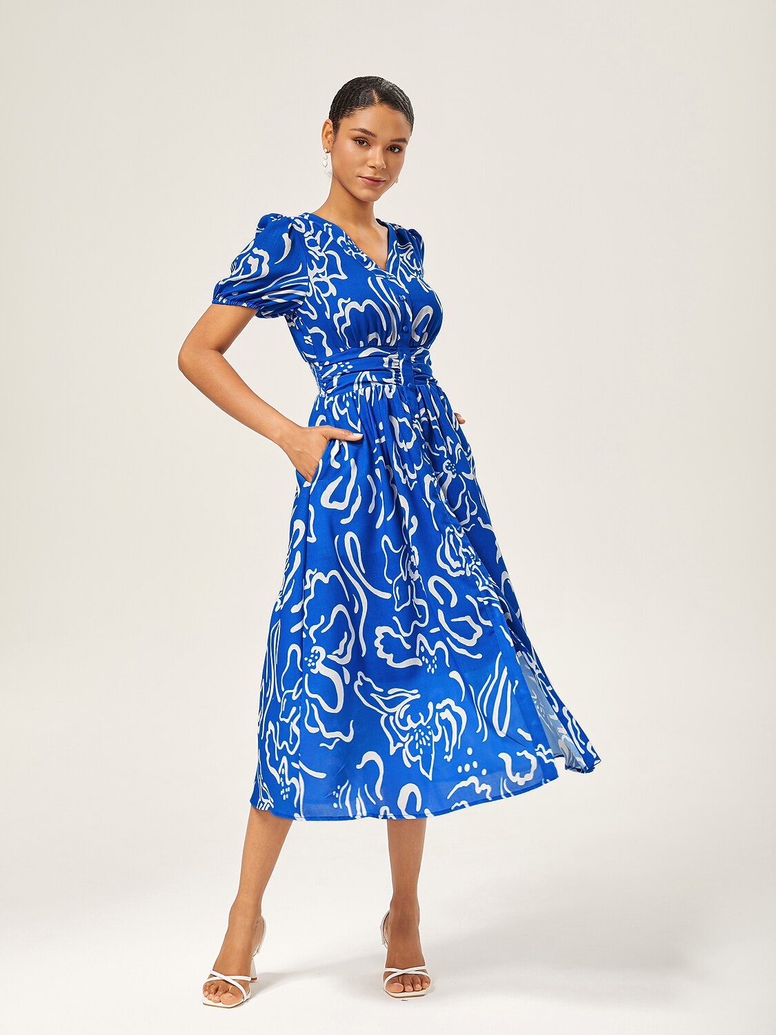 Abstract Art Print Linen-Like Waist-Cinching Maxi Dress