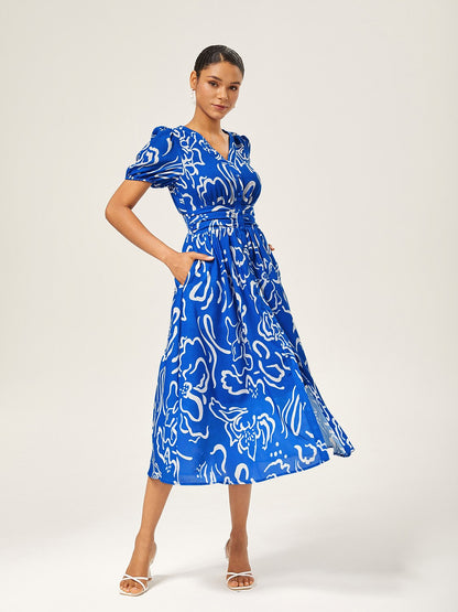 Abstract Art Print Linen-Like Waist-Cinching Maxi Dress