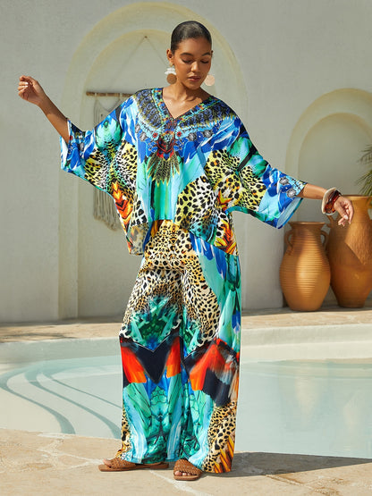 Vacation Leopard Feather Print Straight Fit Satin Long Pants