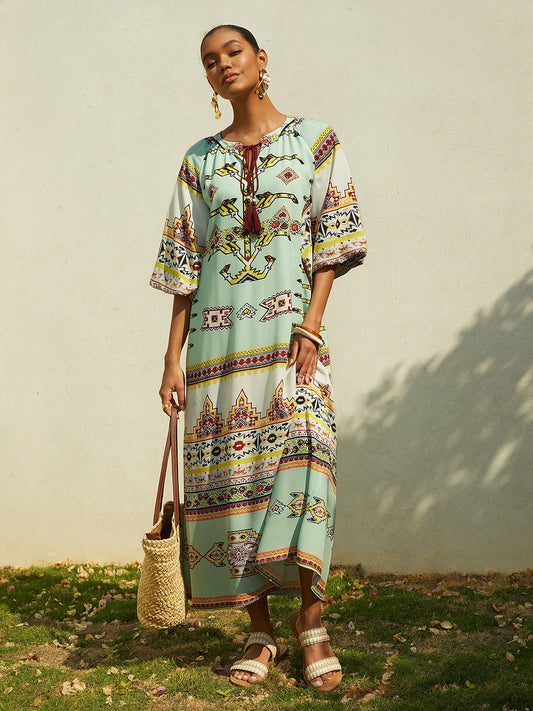Vacation Vintage Geometric Print Straight Chiffon Maxi Dress