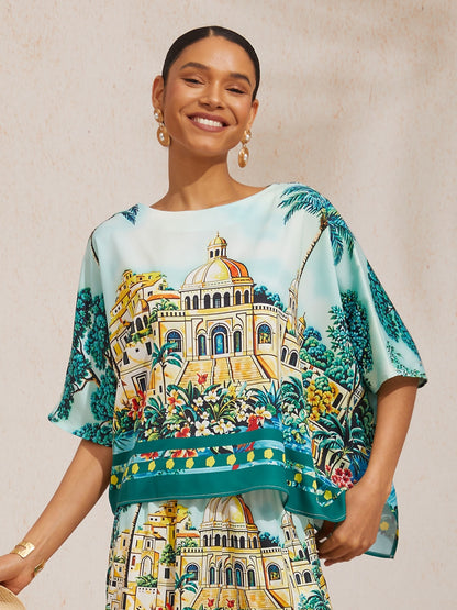 Summer Night Palm Silky Satin Dolman Sleeve Top