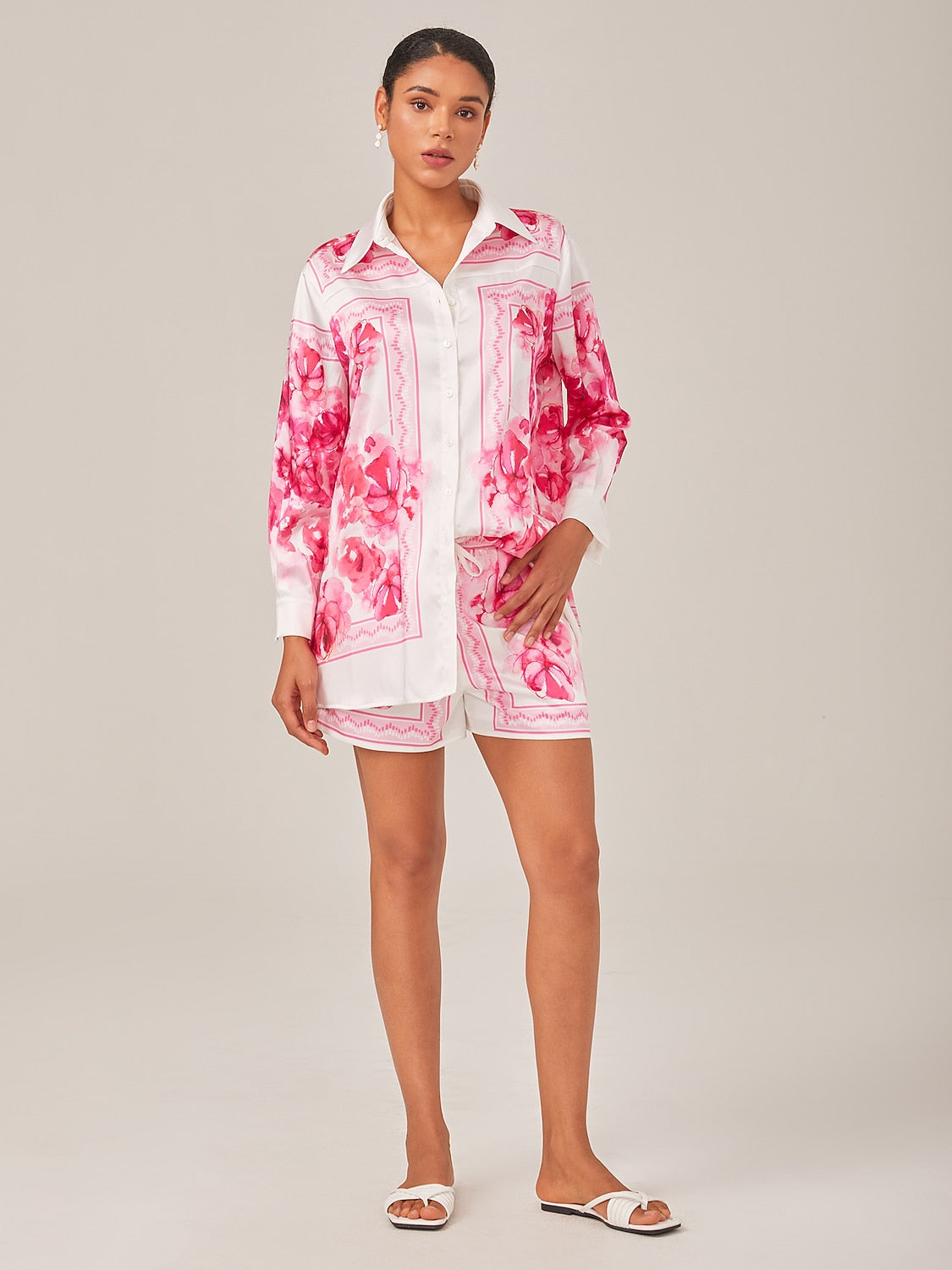 Satin Floral Print Straight-Cut Stand Collar Shirt