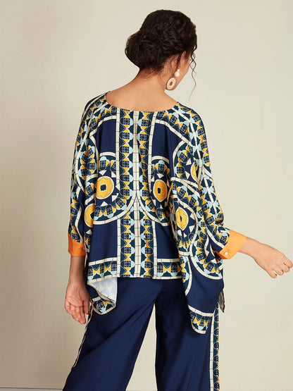 Navy Blue Folk Magyar Long Sleeve V-Neck Irregular Hem Casual Blouse