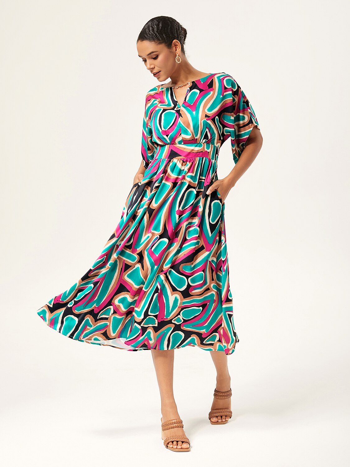 Colorful Abstract Batwing Sleeve Cinched Satin Dress