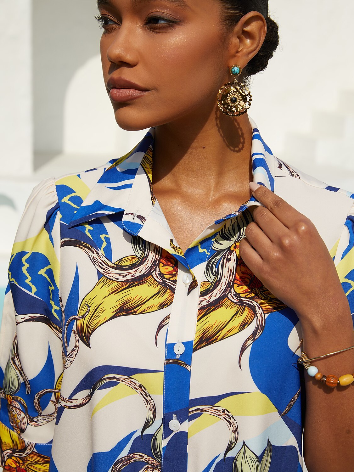 Vacation Scenic Floral Print Straight Satin Shirt Dress