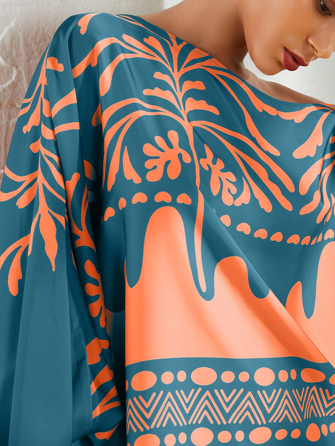 Satin Geometrical Floral Print Puff Sleeves Vacation Shirt