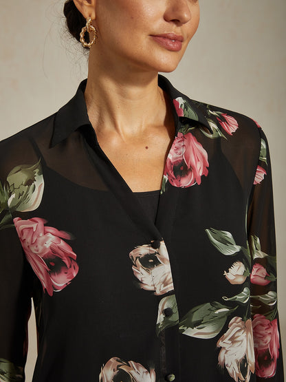 Mini Dress Shirt Collar Chiffon Black Floral Print