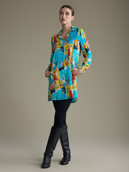 Rayon Graffiti Cuff Lapel Mini Shirt Dress