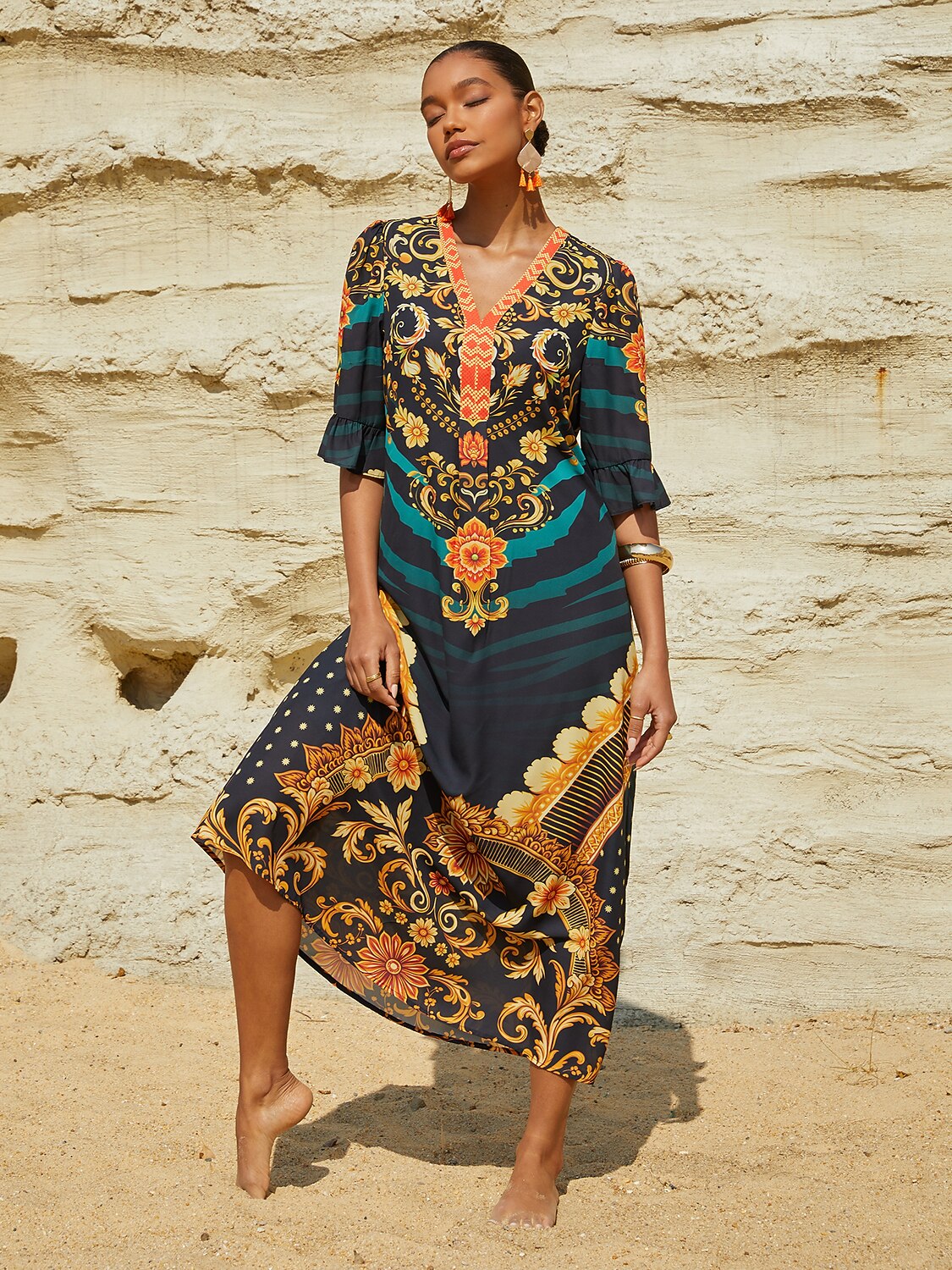 Emerald Empress Flowy Chiffon Straight Maxi Dress