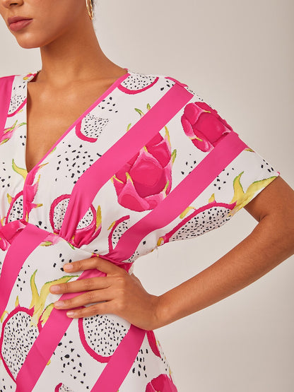 Satin Dragon Fruit Stripes Print Vacation Batwing Maxi Dress